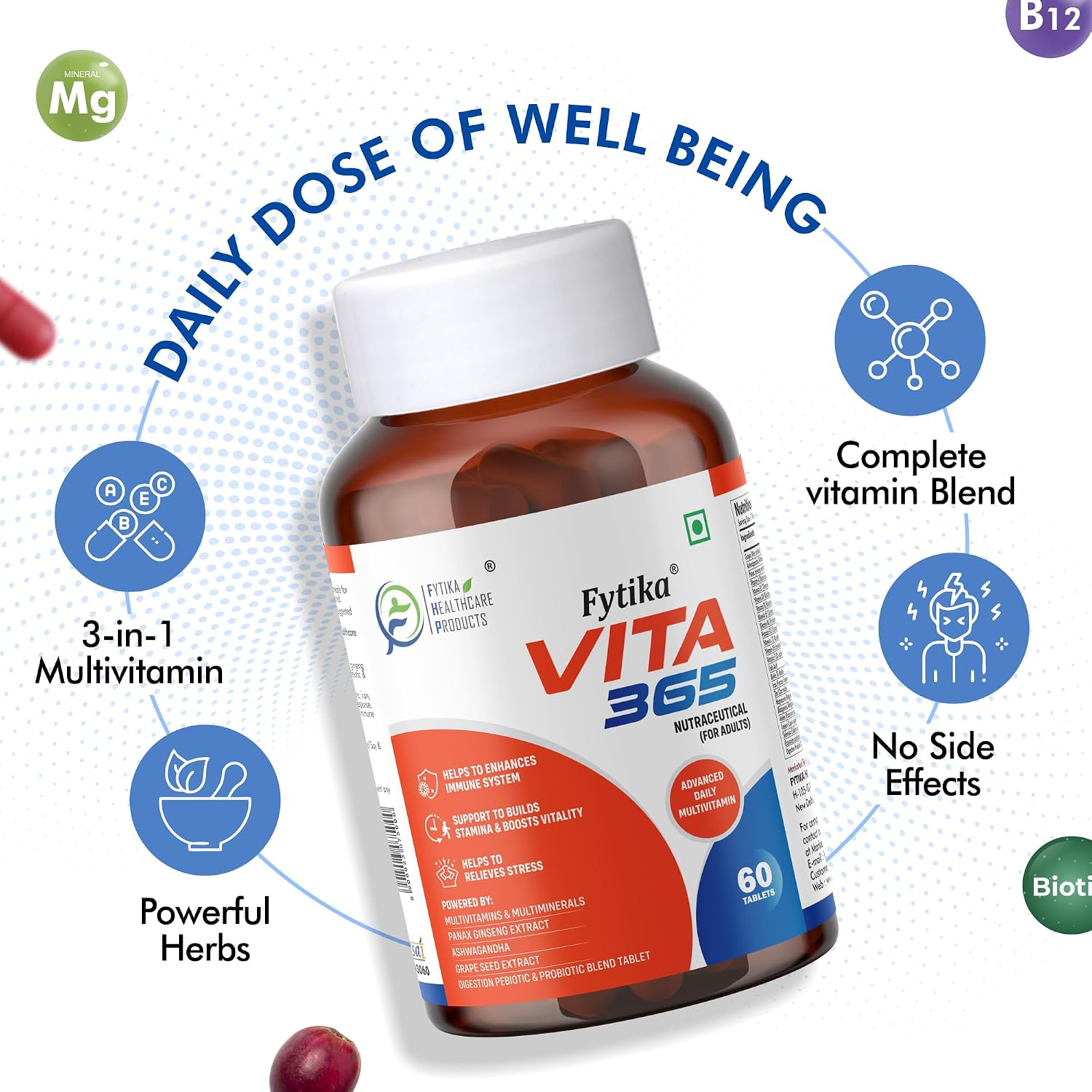 Fytika Healthcare Vita 365, Multivitamin With Probiotics Vitamin B12, Zinc, Biotin, Mineral, Ginseng & Ashwagandha, Enhances Energy, Immunity | 60 Tablets , 100gm 0.2lbs , Each Pack Of 3