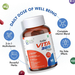 Fytika Healthcare Vita 365, Multivitamin With Probiotics Vitamin B12, Zinc, Biotin, Mineral, Ginseng & Ashwagandha, Enhances Energy, Immunity, Hair & Skin | 60 Tablets , 100gm 0.2lbs