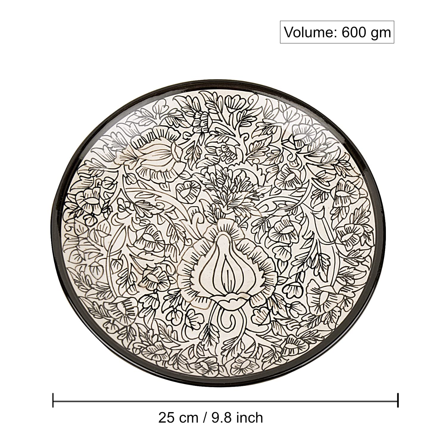 Hand Painted Ceramic Dinner Serving Plates Set Of 4 - Off White & Black, 25 Cm | Full Plates - Ceramic Platter - Kalamkari Collection