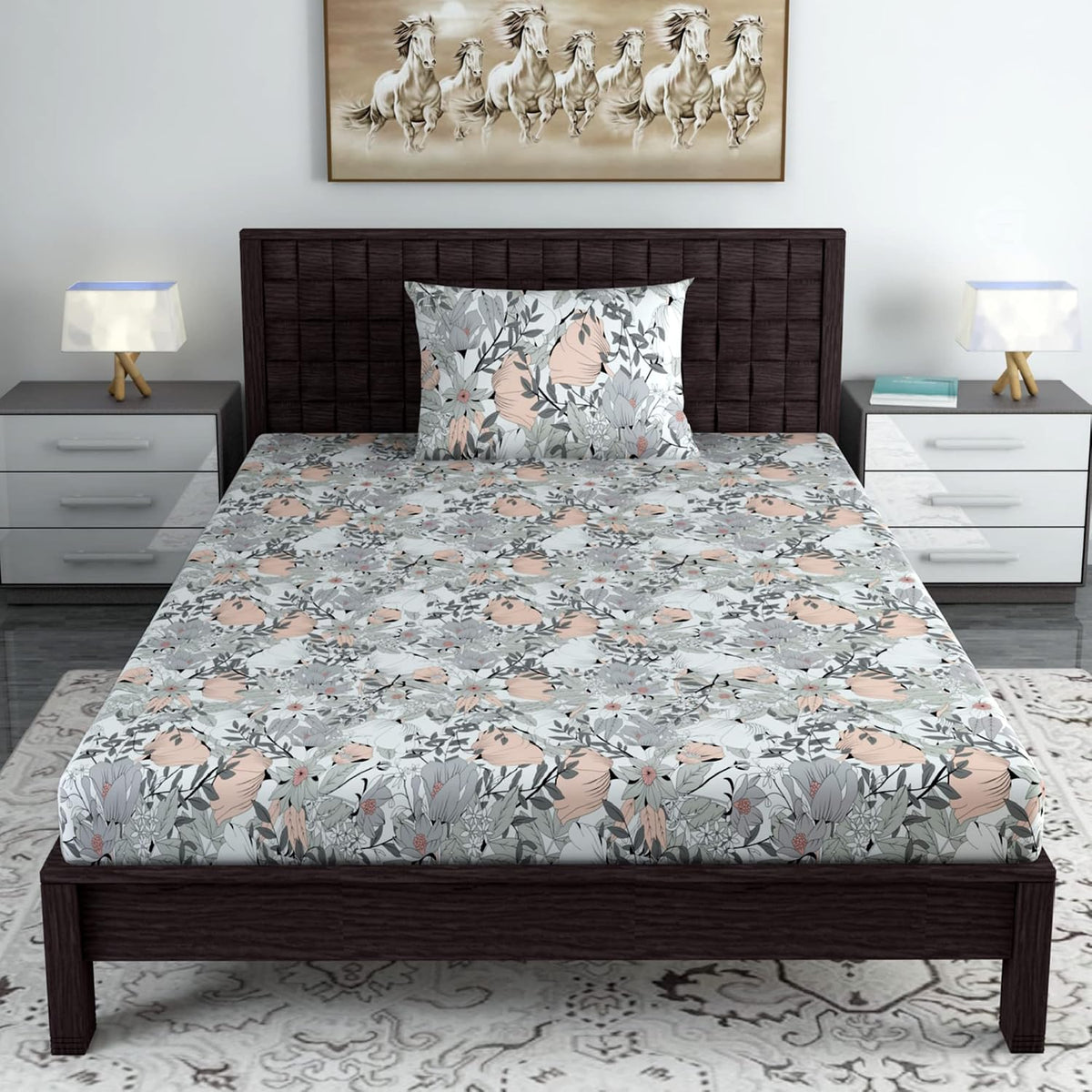 1 Single Bedsheet With 1 Pillow Cover - 57 X 87 Inches, Blush & Grey | Skin Friendly Fabric For Everyday Use - Soft, Breathable & Comfortable Sleeping