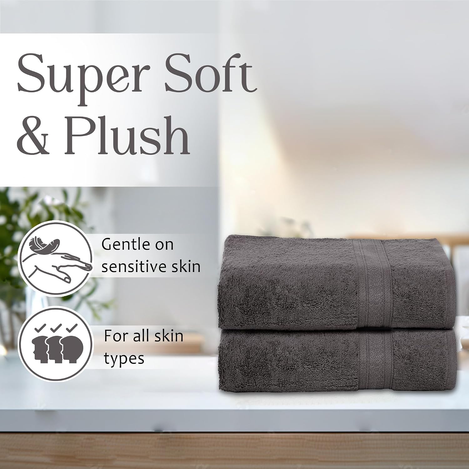 Ambra Linens Highly Absorbent Towels Set 500 Gsm | 100% Cotton Soft And Plush All Seasons Use Large Everyday Use, Durable (2 Pieces) | Solid Grey