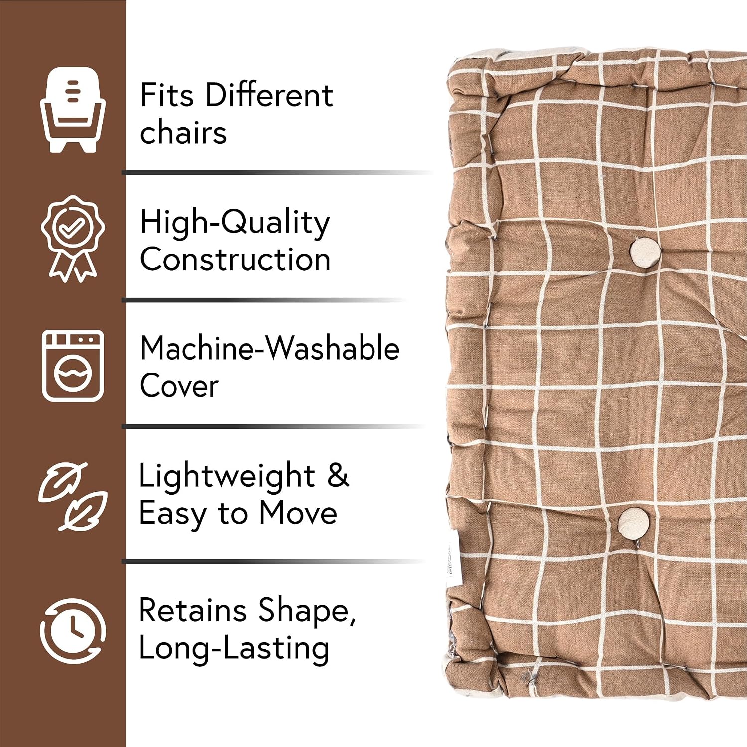 Cotton Chair Cushions Pillow For Sitting, For Back Rest, Check Print - Brown | Chair Pad For Office Work & Posture Support | Lightweight & Portable, Durable & Long-Lasting - Pack Of 2
