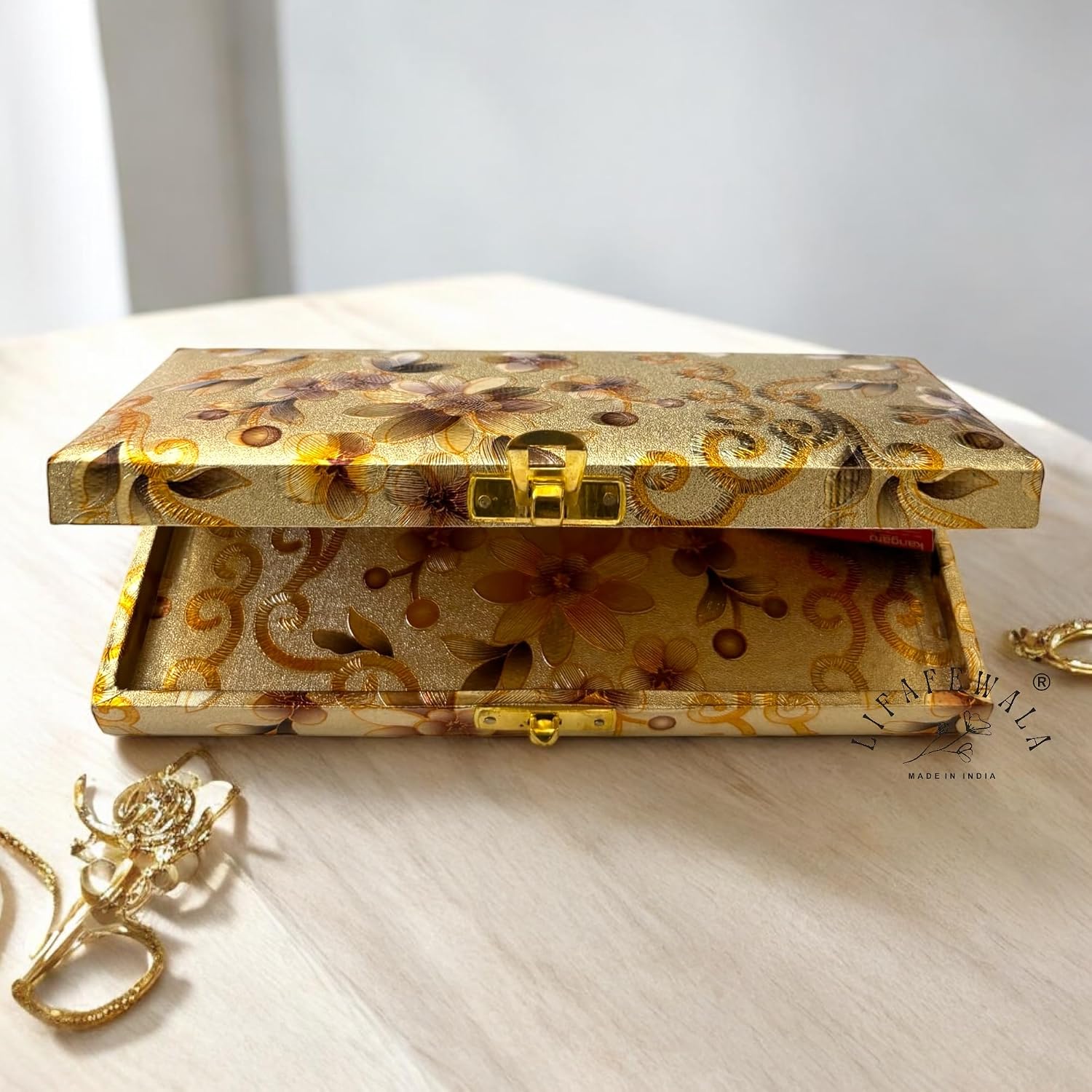 Rectangular Shaped Floral Design Cash Box, Shagun Box, Gift Box, Gaddi Box, Jewellery Box, Shagun Envelope In Floral Design, Colour - Golden