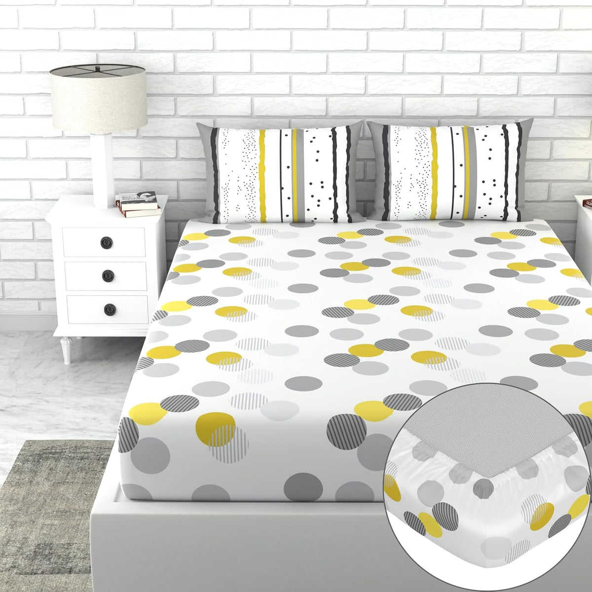 King Size Printed Bedsheet For Double Bed 2 Pillow Cover - 72 X 78 Inches, Grey & White | All Around Elastic Fitted - Ultra Soft & Breathable