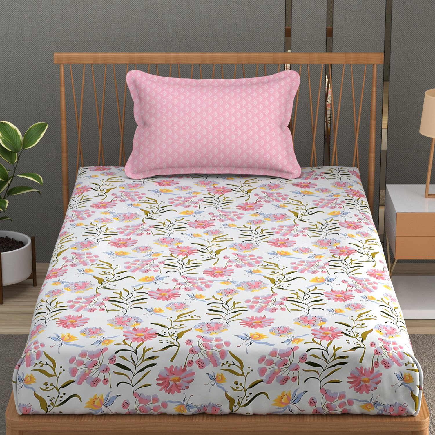 Soft Cotton Single Size Bedsheet With 1 Pillow Cover | 60 X 90 Inches, Pink & White | Anti-Fade Printed Design | 200 Thread Count