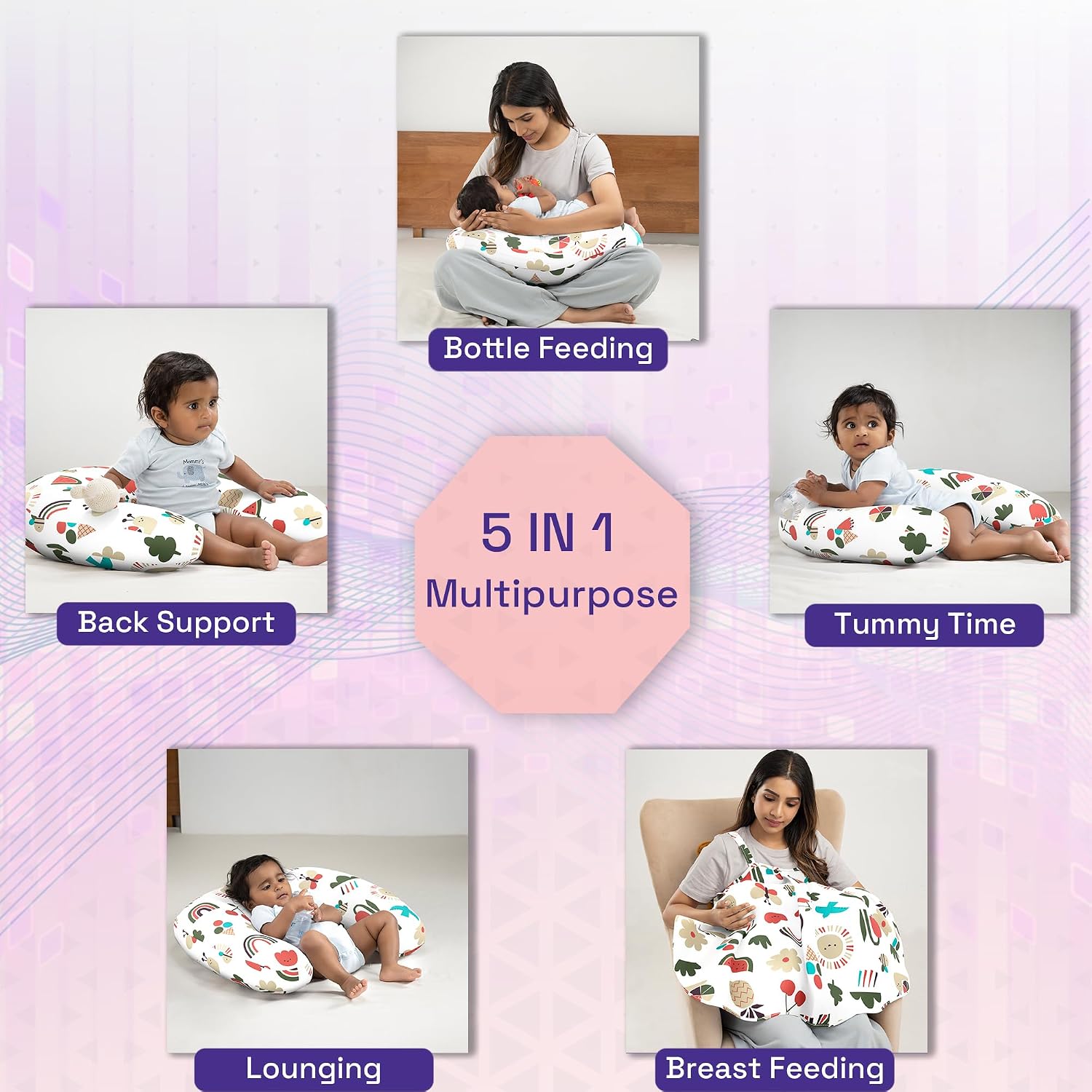 Nursing Pillow With Cape For Breastfeeding & Baby Care, Feeding Pillow - White | 5 In 1 Multipurpose Feeding Pillow With 100% Cotton Removable Cover | Super Soft & Machine Washable