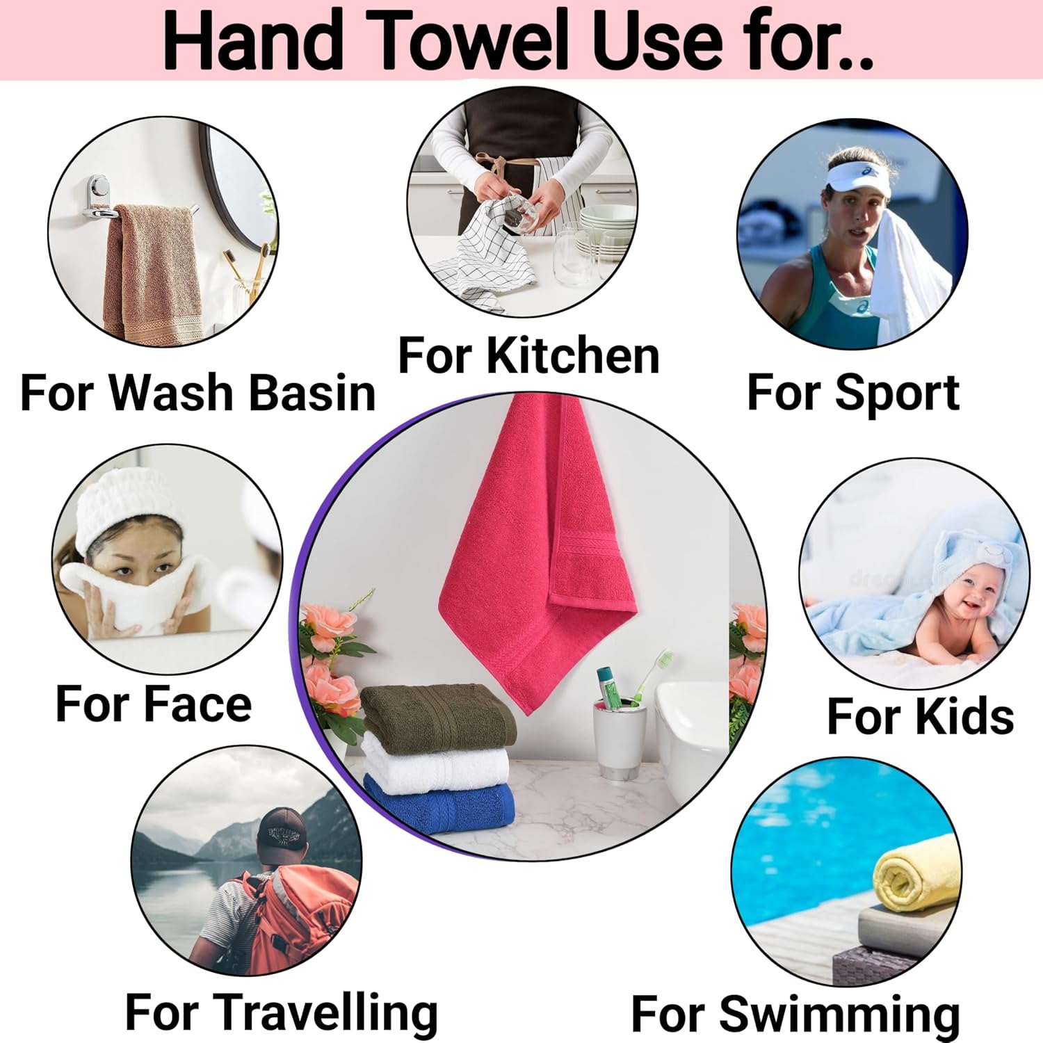 Pure Cotton Quick Dry Hand Towel 600 Gsm | Luxury Quality, Cotton Hand Towels For Home, Kitchen & Sports (Multicolor) - Pack Of 3