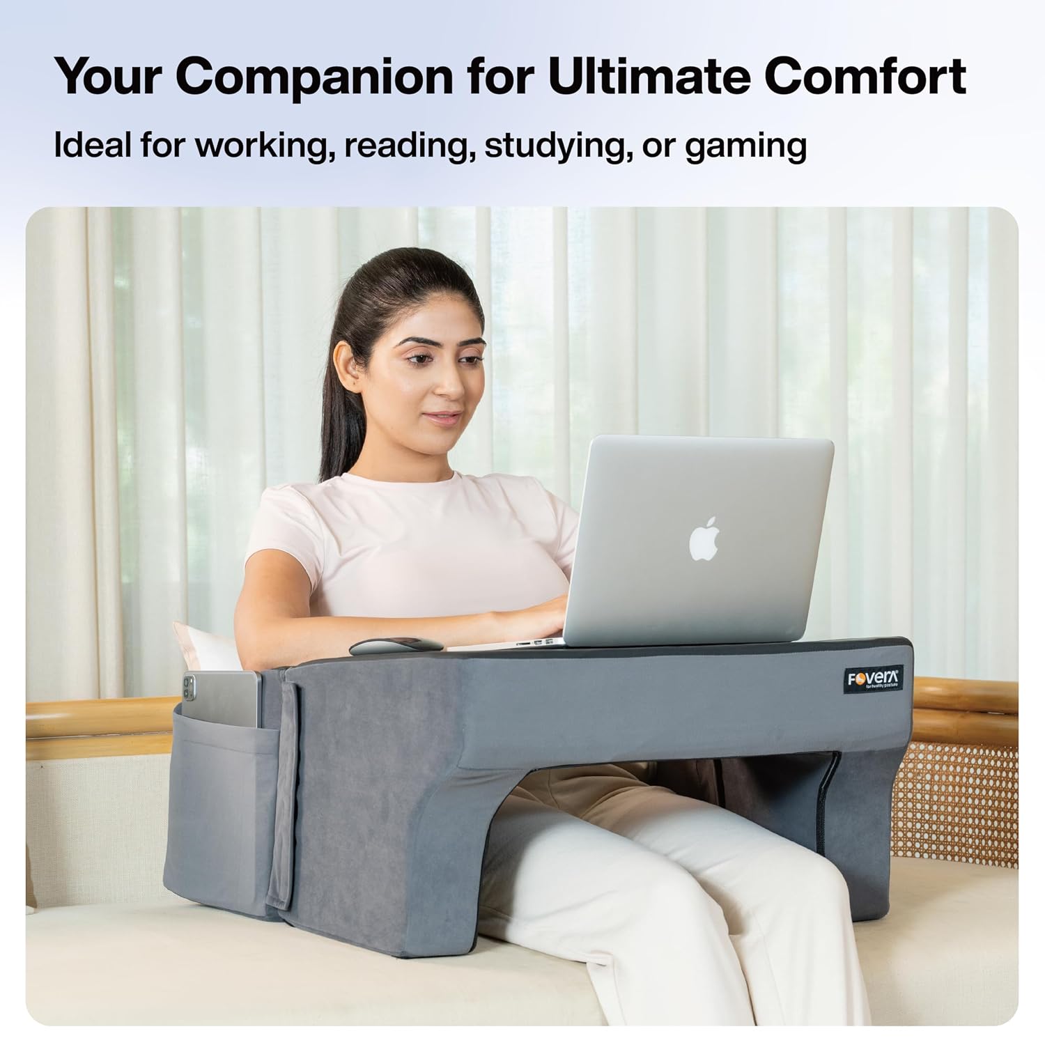 Lap Desk Pillow, Height Adjustable, Soft & Comfortable Armrest, Easy To Store, Grey | For Working On Laptop, Reading & Gaming | Work From Home Pillow | Perfect For Using On Bed, Sofa & Floor