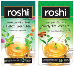 Roshi Moroccan Mint & Tulsi Detox Green Tea + Lemongrass Cinnamon Simply Slim Green Tea Combo - Pack Of 2 X 25 Tea Bags | 100% Natural Ingredients - Enhances Metabolism & Fitness