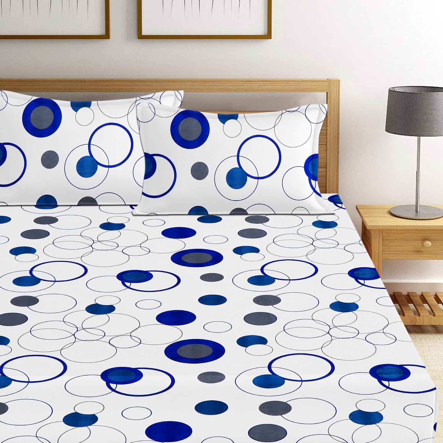 Printed Double Bedsheet 2 Pillow Covers - 72 X 78 Inches, White & Blue | All Around Elastic Fitted Soft & Durable Bedding For Bedroom - Lightweight Perfect For All Seasons