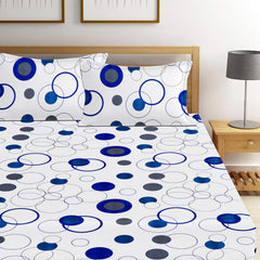 Printed Double Bedsheet 2 Pillow Covers - 72 X 78 Inches, White & Blue | All Around Elastic Fitted Soft & Durable Bedding For Bedroom - Lightweight Perfect For All Seasons