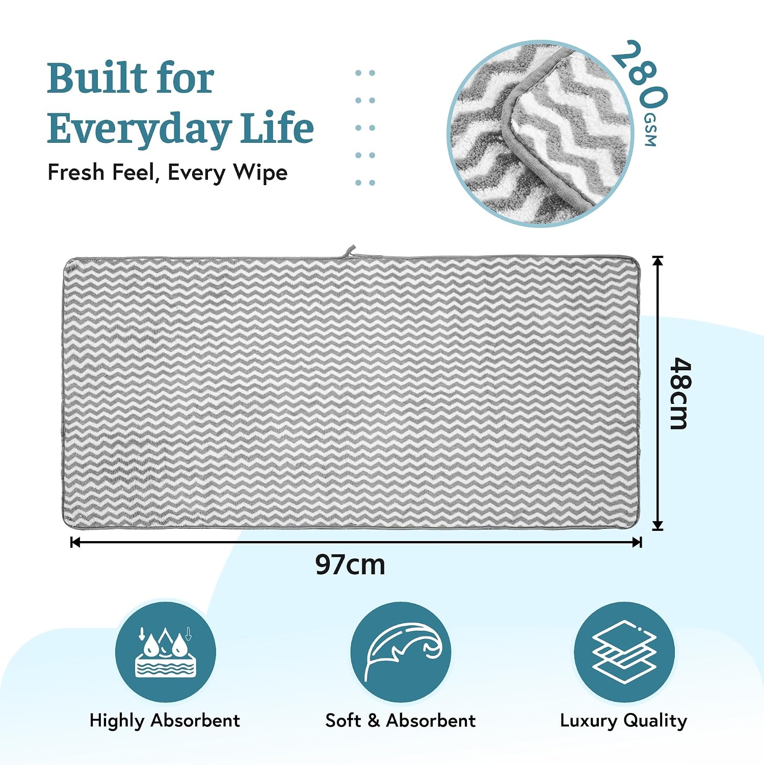 Heart Home Microfiber Soft Face Towels 700 Gsm | Quick Dry & Absorbent Hanging Hand Towels Zig Zag - Grey (Pack Of 3)