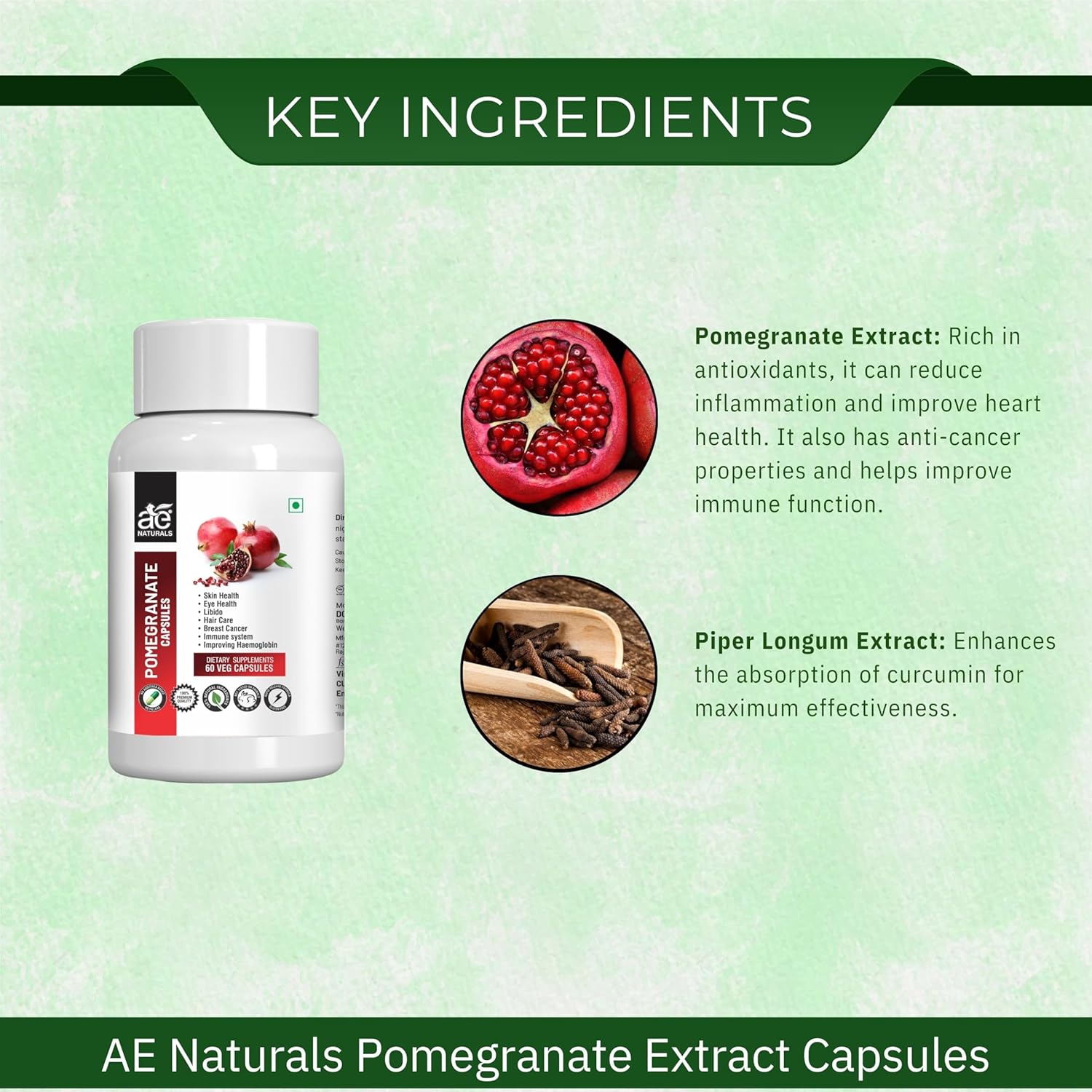 Ae Naturals Pomegranate Extract Capsules Promotes Healthy Skin, Regulates Blood Pressure, Powerful Antioxidant | 60 Capsules 100gm 0.2lbs