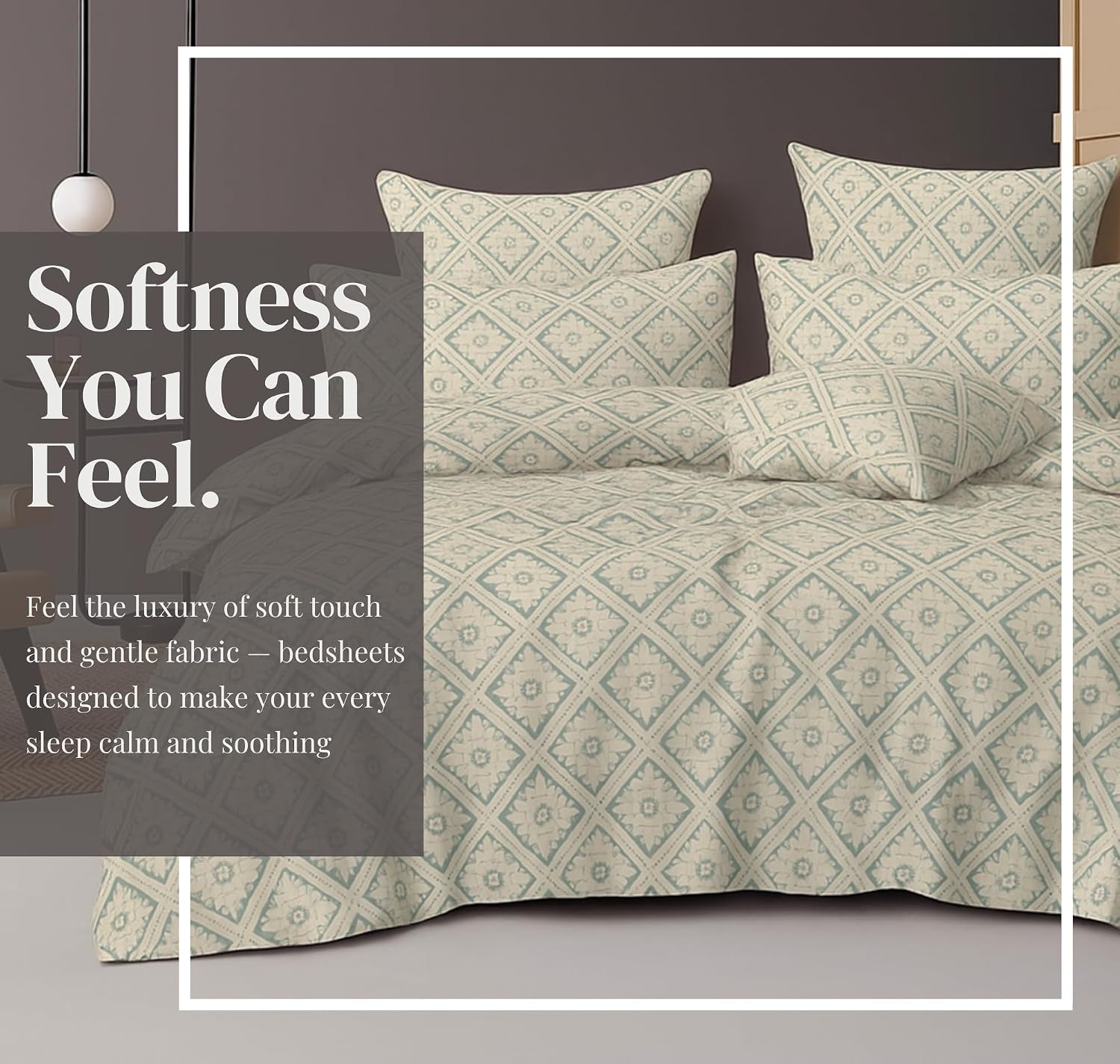 Cotton Double Bedsheets King Size With 2 Pillow Covers | Size 78 X 72+10 Inches, White & Green - All Around Elastic Fitted Design Bedsheet