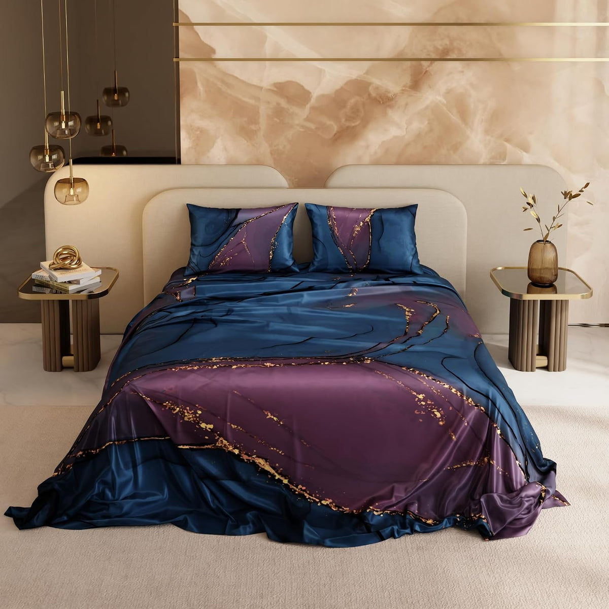 Bedsheet For Super King Size Bed With 2 Matching Pillow Cover - 108 X 108 Inches, Indigo & Purple | Ideal For Healthy Skin & Hair | 100% Premium Fabric Is Lightweight, Soft & Comfortable