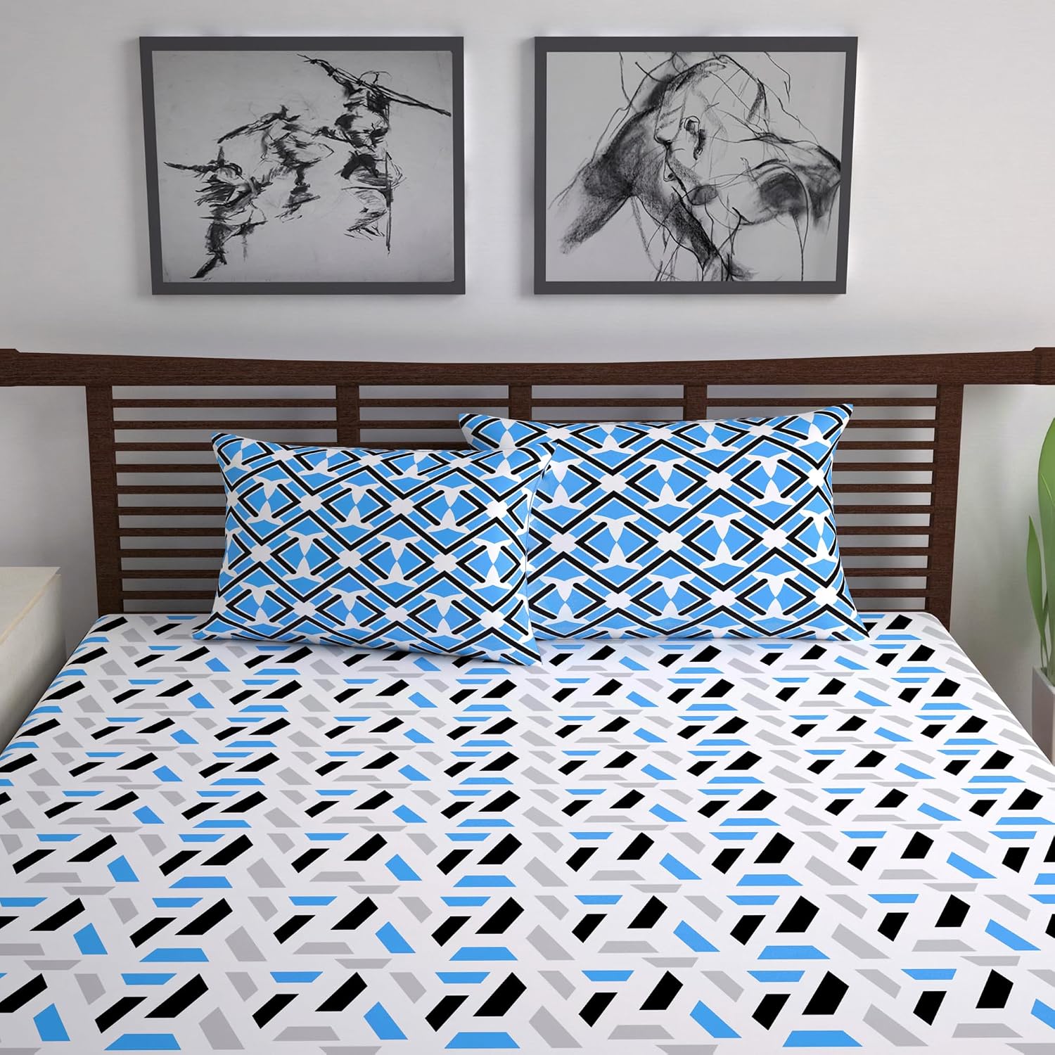 Cotton Double Bedsheet With 2 Pillow Covers | 87 X 100 Inches, Grey & Blue - Soft & Breathable Fabric | Comfortable For Daily Use