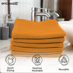 Encasa Xo Kitchen Hand Towels Set 150 Gsm | Waffle Weave & Flat Hand Towel | Quick Drying Reusable Cotton Washcloths | Set Of 6 (Gold)