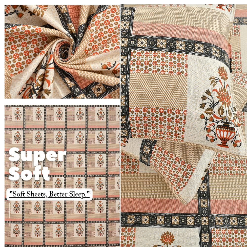 100% Pure Cotton Double Bedsheet With 2 Pillow Covers - 90 X 90 Inches, Orange & Beige | Soft, Breathable & Skin-Friendly Fade Resistant Double Bedsheet
