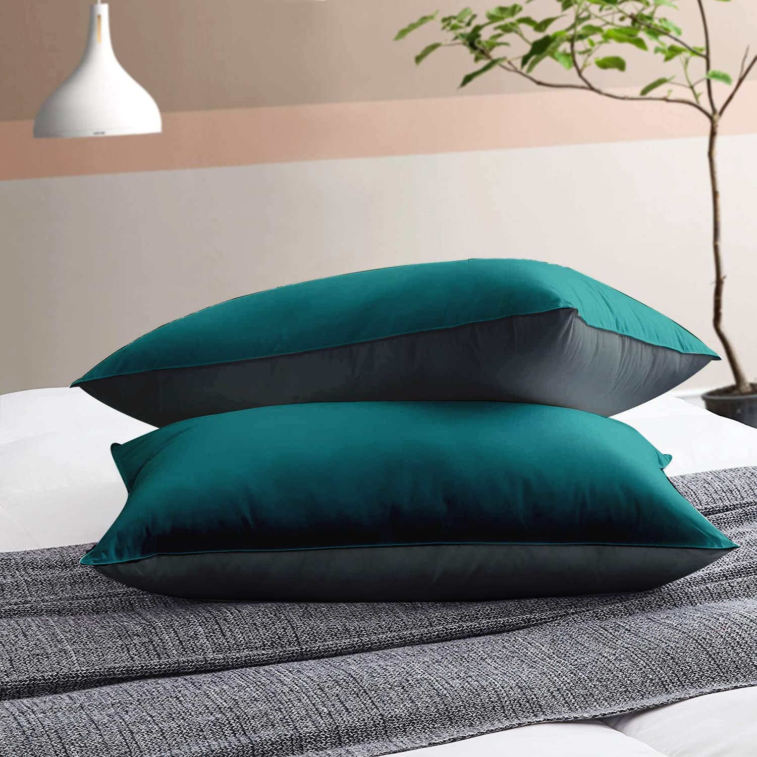 Premium Microfiber Soft Pillow For Sleeping, Teal-Grey, Standard Size - 16 X 24 Inches | Comfy Hotel Comfort Pillow, Vacuum Packed | Bed Pillow, Hypoallergenic, Lightweight - Set Of 2