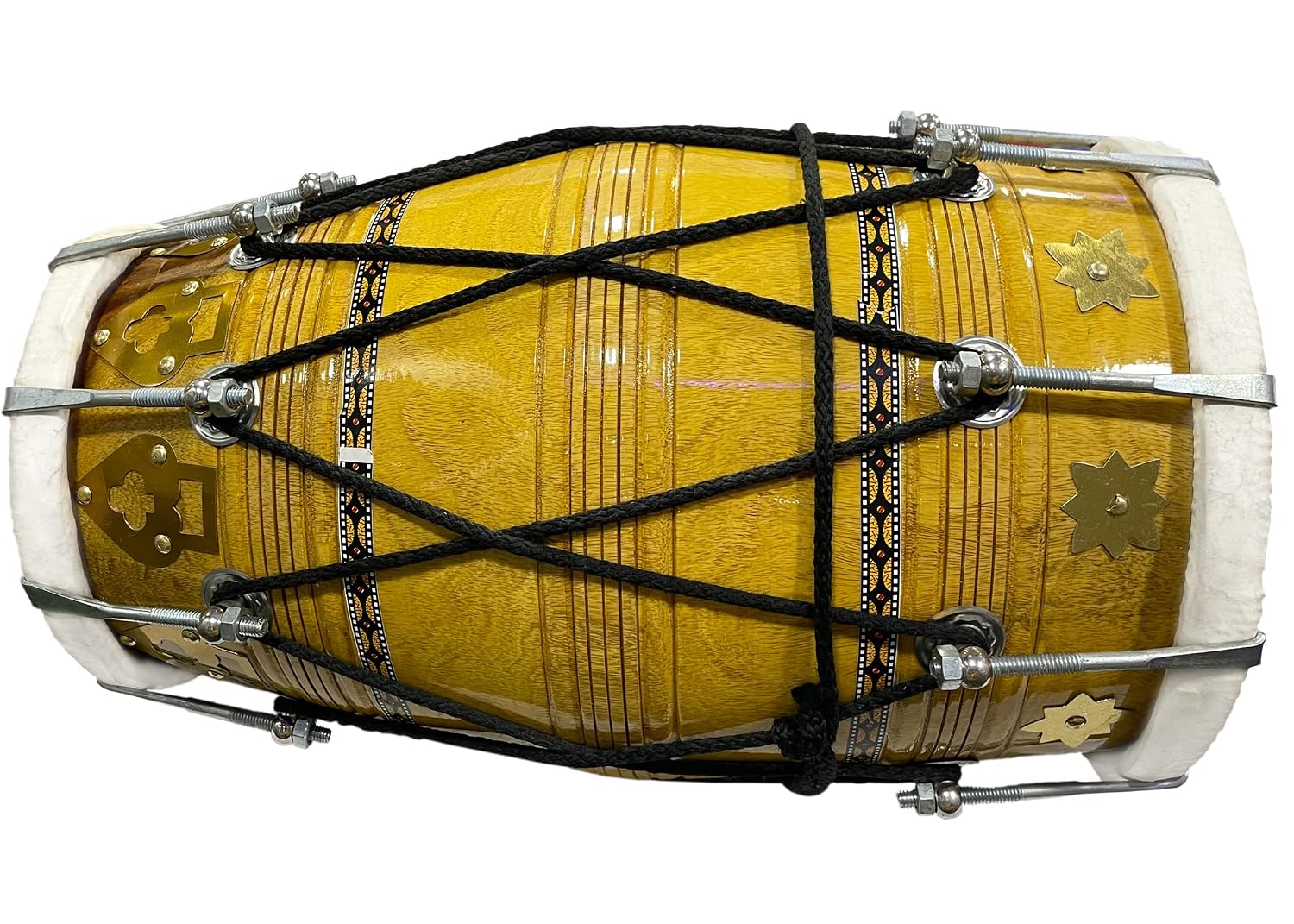 Handmade Bhajan Kirtan Sheesham Wood Dholak With Yellow Glassy Glass Transparent Polish - Yellow | Goat Skin Made Ring Fitting By Nut & Bold On Both Side
