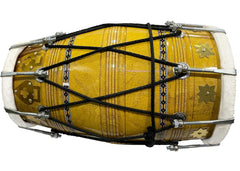 Handmade Bhajan Kirtan Sheesham Wood Dholak With Yellow Glassy Glass Transparent Polish - Yellow | Goat Skin Made Ring Fitting By Nut & Bold On Both Side