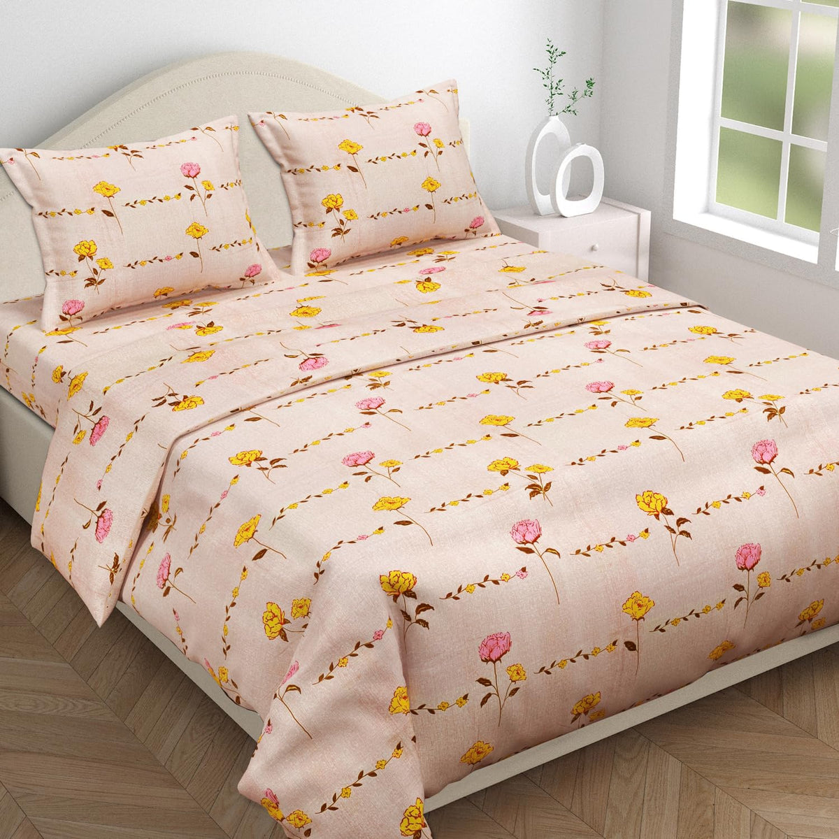 Super King Size Bedsheets With 2 Large Pillow Covers - 108 X 108 Inches, Peach & Yellow | Luxury Soft Brushed Glace Cotton - Long Lasting & Wrinkle Free | 3 Pcs Set