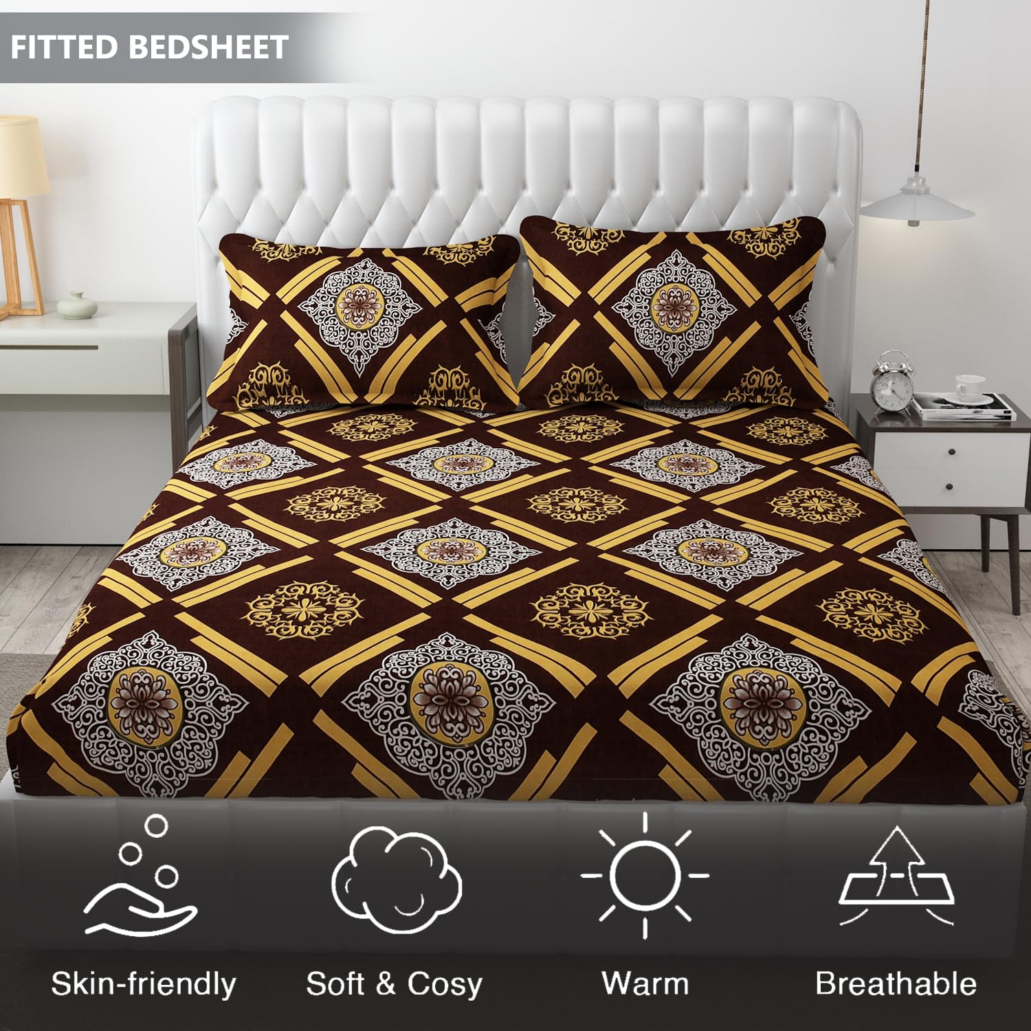 King Size Bedsheet With Two Pillow Cover (Size - 78 X 72 Inches, Dark Brown) | Elastic Fitted Floral Bedsheet | Best For Festival Gifting