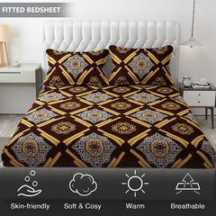 King Size Bedsheet With Two Pillow Cover (Size - 78 X 72 Inches, Dark Brown) | Elastic Fitted Floral Bedsheet | Best For Festival Gifting