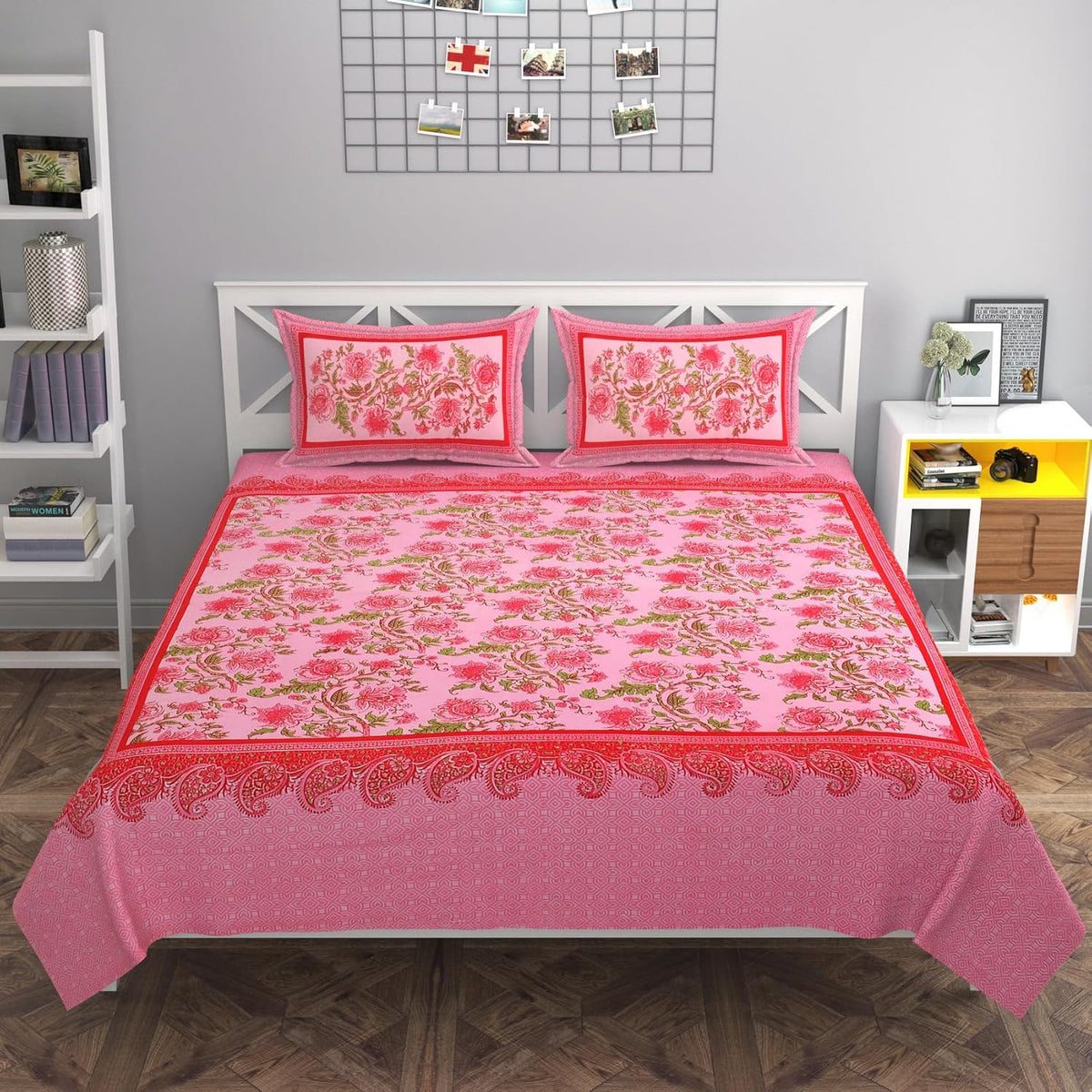 100% Cotton King Size Double Bedsheet With 2 Pillow Covers - 90 X 100 Inches, Pink | Traditional Floral Rajasthani Jaipuri Bedsheet