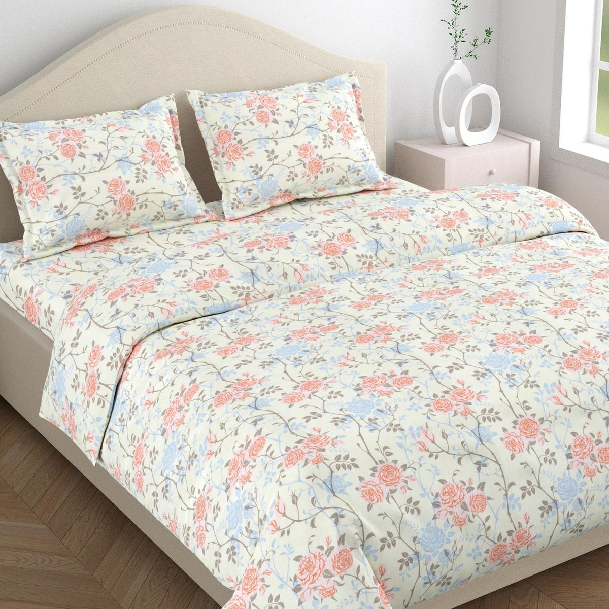 Bedsheet Double Bed For Queen Size - 100 X 90 Inches 2 Pillow Cover, Off White & Peach | Ideal For Everyday Use | Soft, Skin-Friendly & Durable Cotton Fabric