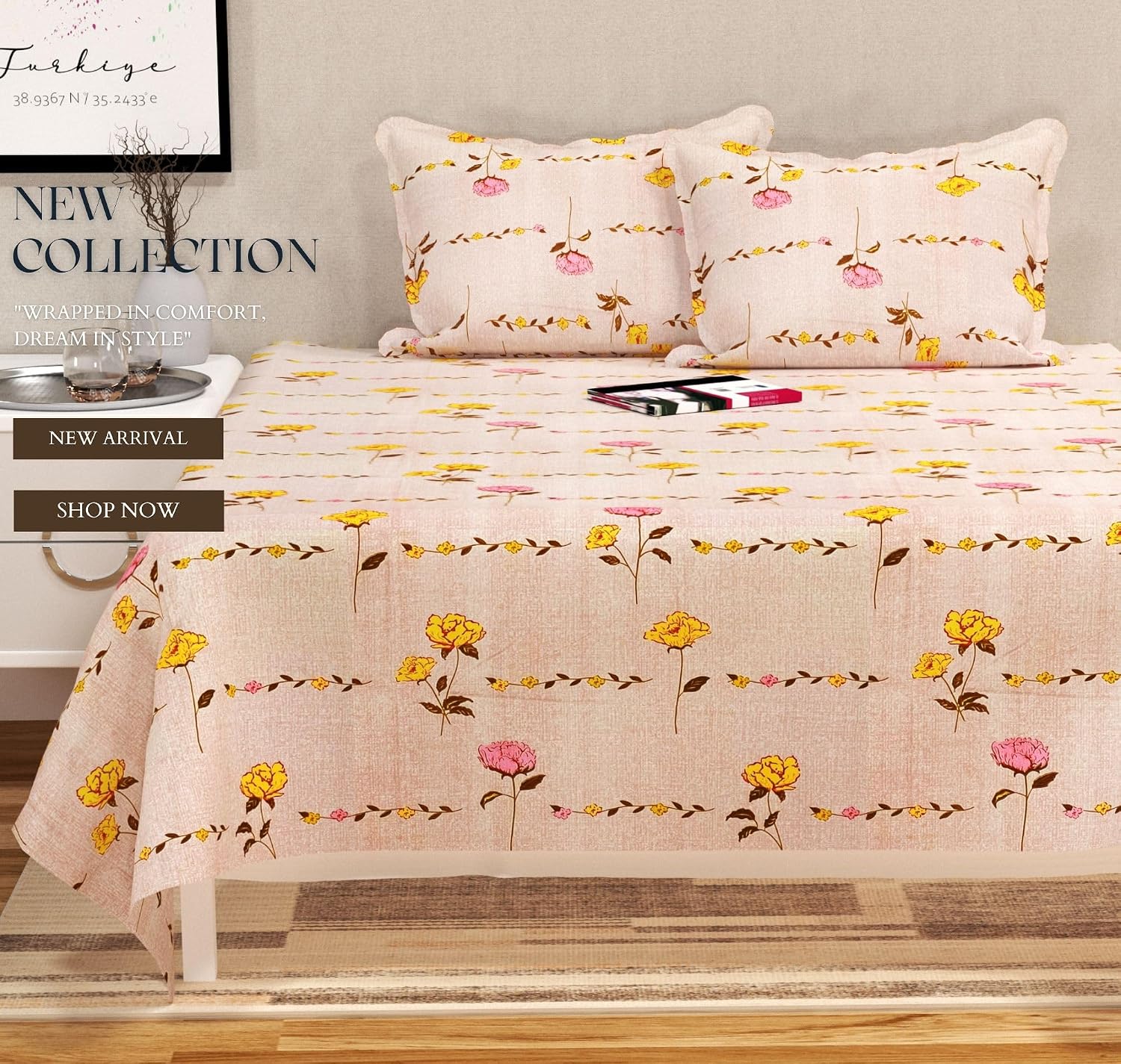 Super King Size Bedsheets With 2 Large Pillow Covers - 108 X 108 Inches, Peach & Yellow | Luxury Soft Brushed Glace Cotton - Long Lasting & Wrinkle Free | 3 Pcs Set