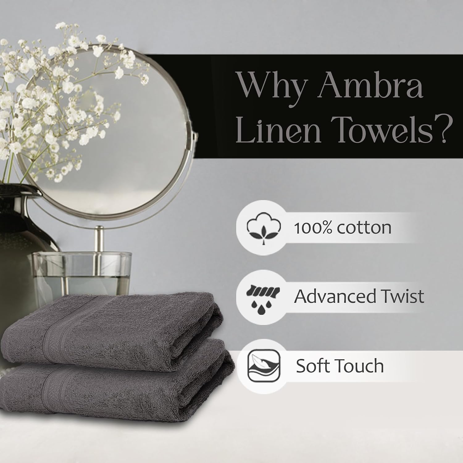 Ambra Linens Highly Absorbent Towels Set 500 Gsm | 100% Cotton Soft And Plush All Seasons Use Large Everyday Use, Durable (2 Pieces) | Solid Grey