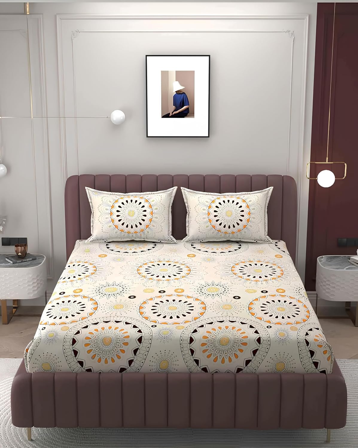 Bedsheet King Size With 2 Pillow Covers (72 X 78 Inches) Cream & Brown | Double Bed With All Around Elastic Fitted - Durable & Long Lasting Wrinkle Resistant Fabric