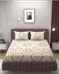 Bedsheet King Size With 2 Pillow Covers (72 X 78 Inches) Cream & Brown | Double Bed With All Around Elastic Fitted - Durable & Long Lasting Wrinkle Resistant Fabric