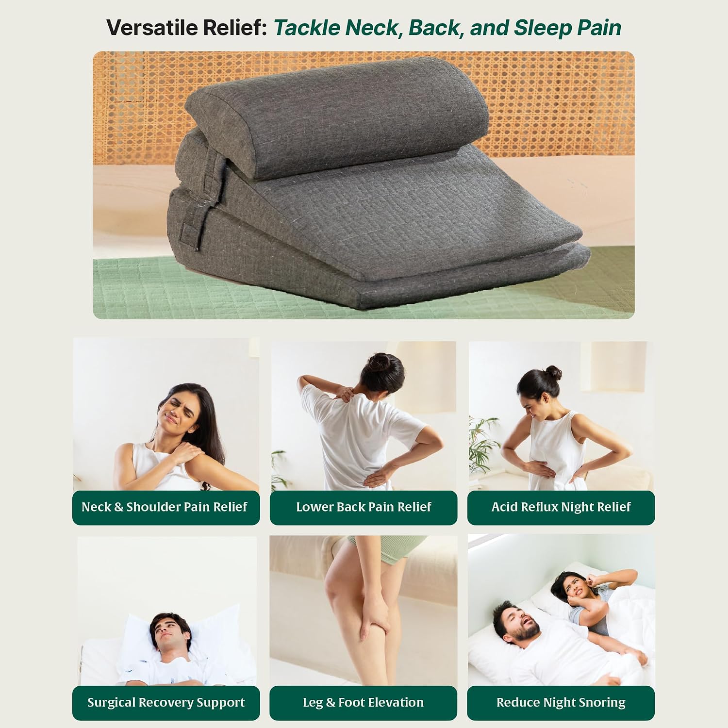 Wedge Cushion, Dual Layer Wedge Pillow For Bed & Back Support - Standard Size - 18 L X 18 W X 7 H+3 H Inch | Wedge Pillow For Neck & Back Pain, Acid Reflux - Adjustable, Headrest Pillow
