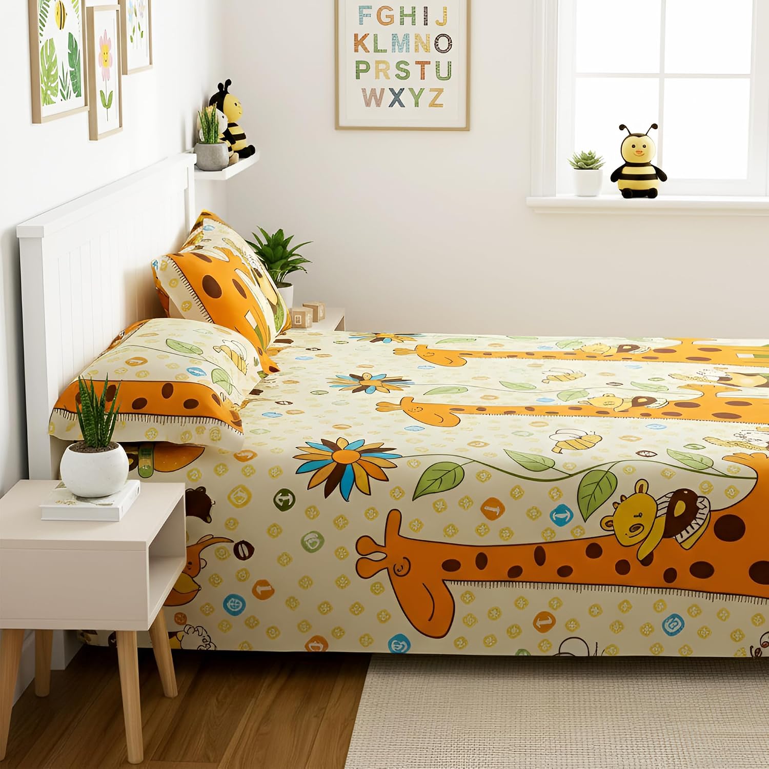 Kids Double Bed Bedsheet Set With 2 Pillow Covers - 88 X 100 Inches, Cream & Orange | Soft Bedding For Boys & Girls | Baby Animals Design