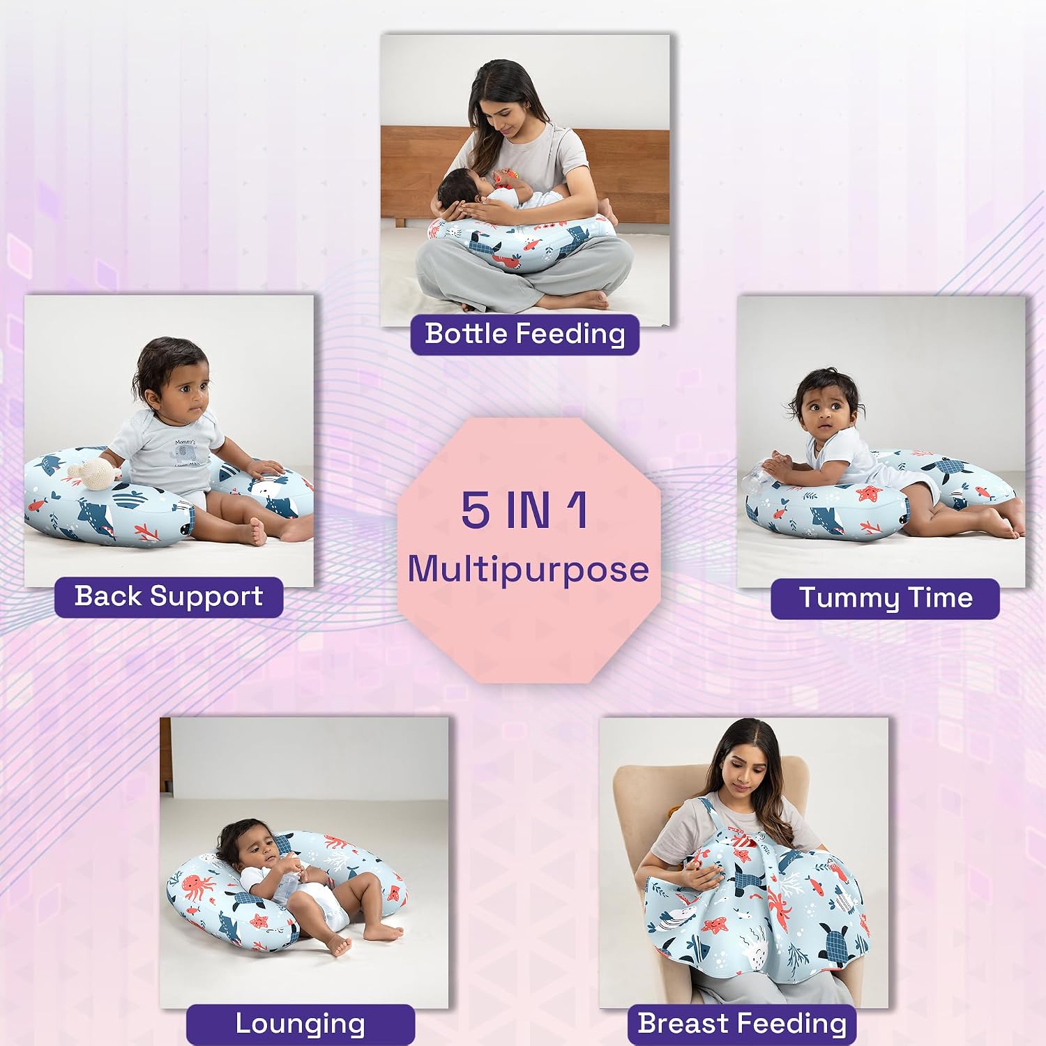 Nursing Pillow With Cape, For Breastfeeding & Baby Care, Coral Dive - Light Sky-Blue | 5 In 1 Feeding Pillow With 100% Cotton Removable Cover | Super Soft & Machine Washable Comfortable