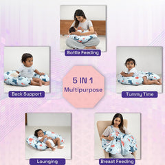Nursing Pillow With Cape, For Breastfeeding & Baby Care, Coral Dive - Light Sky-Blue | 5 In 1 Feeding Pillow With 100% Cotton Removable Cover | Super Soft & Machine Washable Comfortable