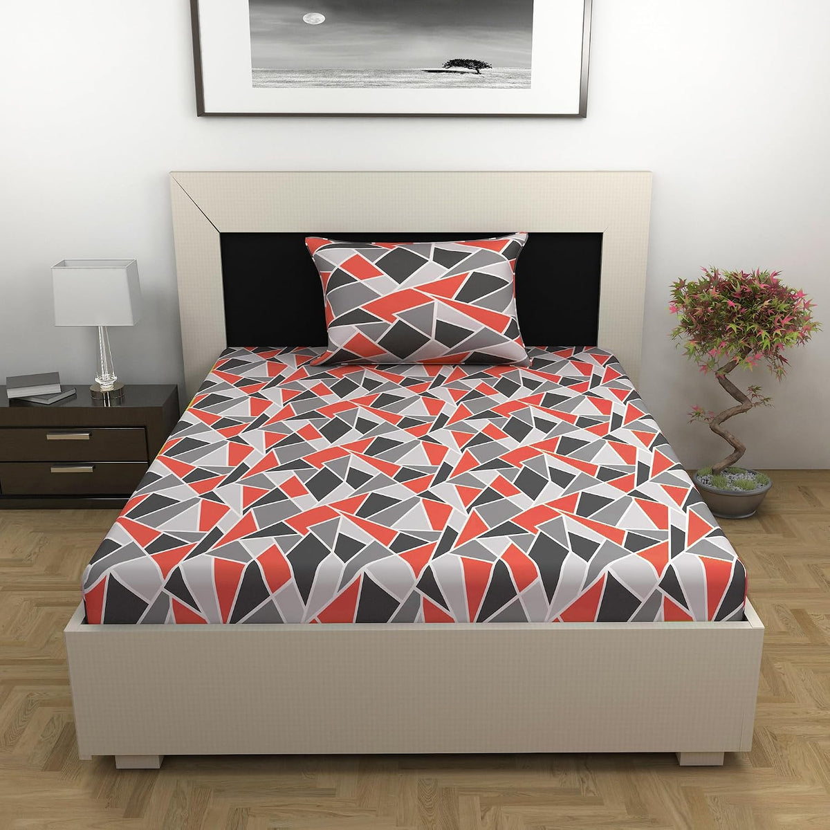 Bedsheet For Single Size Bed With 1 Pillow Cover - 57 X 87 Inches, Red & Grey | Gifts For Wedding Or Anniversary, Surprise, Soft, Breathable, & Comfortable Bedsheet