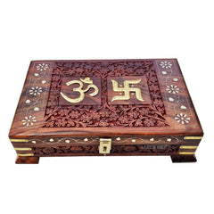 Wooden Om Box For Good Luck, Jewellery Box Decorative Case Kit, Vanity, Organiser For Women, Necklaces, Cash, Gold 11 X 7 Homely Engraved, Colour - Brown
