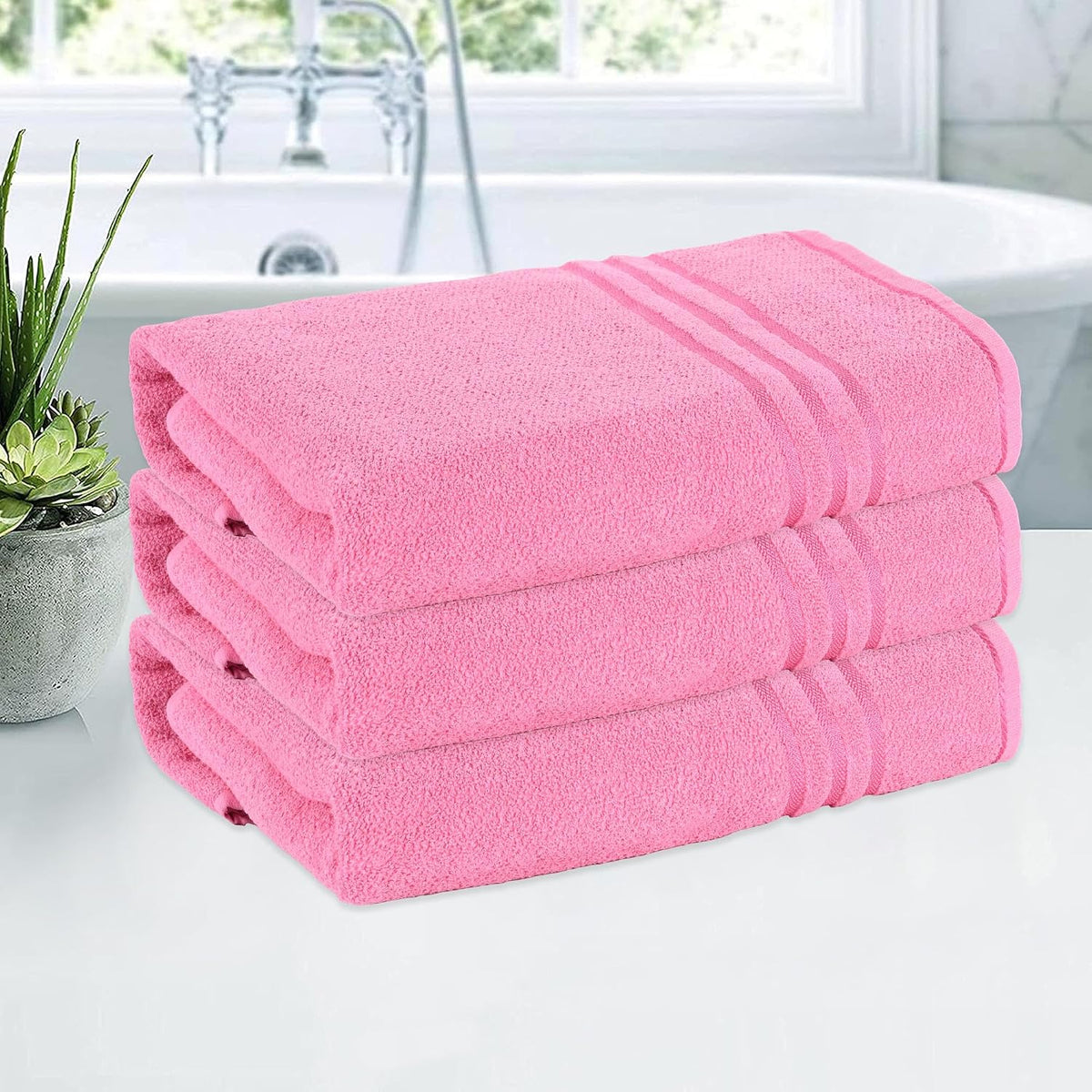 Kuber Industries Bath Towel 1350 Gsm | Towel For Bath, Gym, Travel & Beach | Plain Lining (Pink)- Pack Of 3