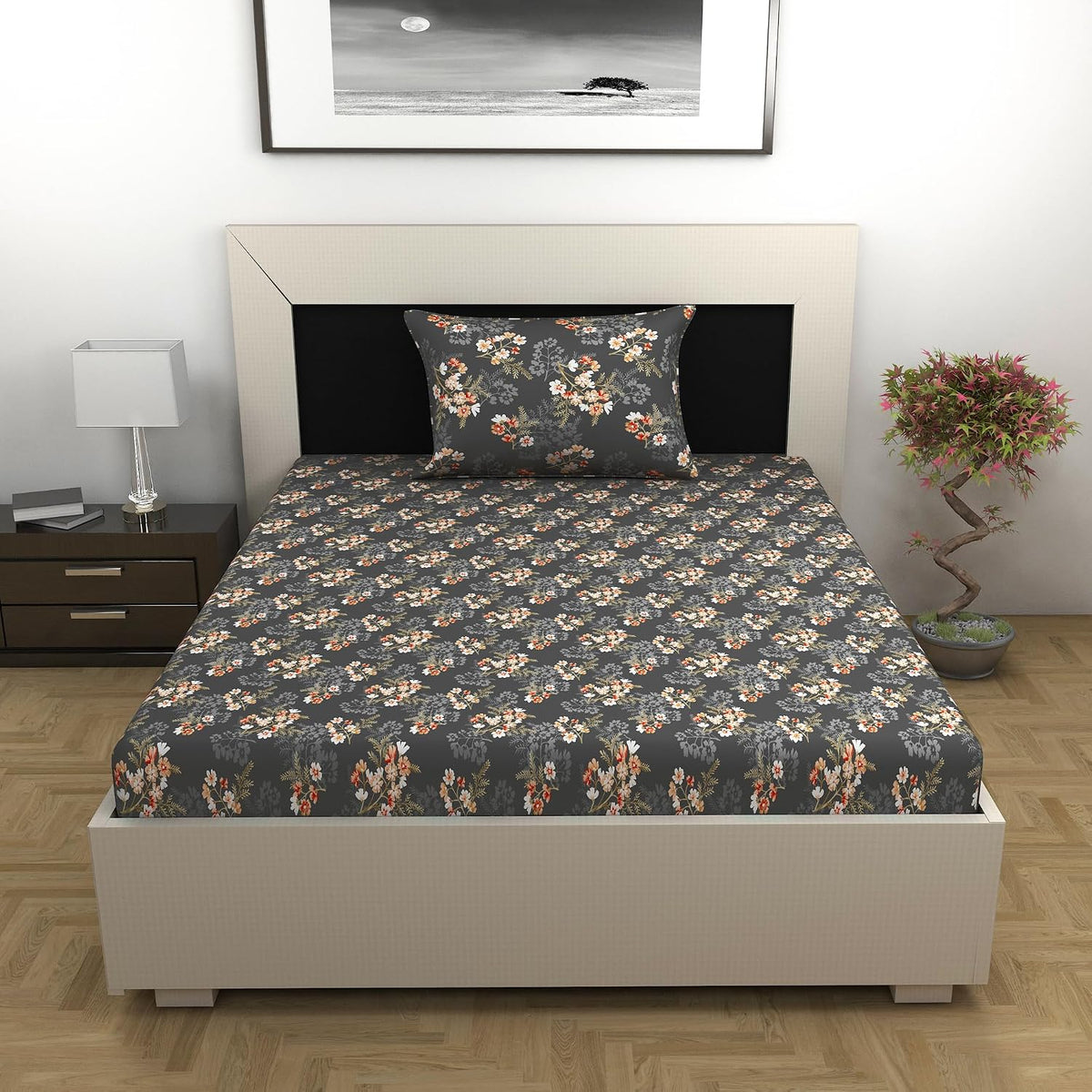 Single Bedsheet With 1 Pillow Cover - 57 X 87 Inches, Dark Grey | Designer Printed Bedsheet Set - Naturally Soft, Breathable & Skin Friendly