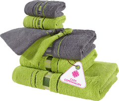 Casa Copenhagen Egyptian Design 2 Bath + 2 Hand & 2 Face Towels 1800 Gsm | He & She X Line Collection 100% Cotton 6 Piece Towel Set - Grey & Green