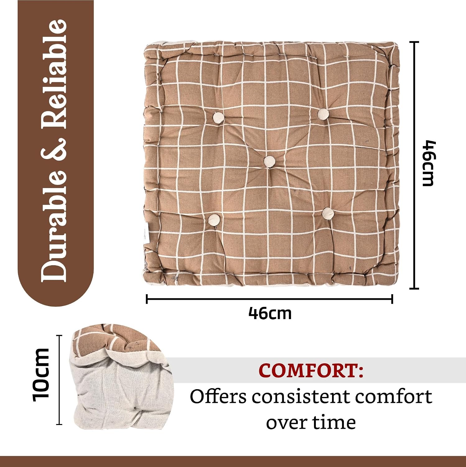 Cotton Chair Cushions Pillow For Sitting, Back Rest, Check Print - Brown | Chair Pad For Office Work & Posture Support | Lightweight & Portable, Durable & Long Lasting - Pack Of 3