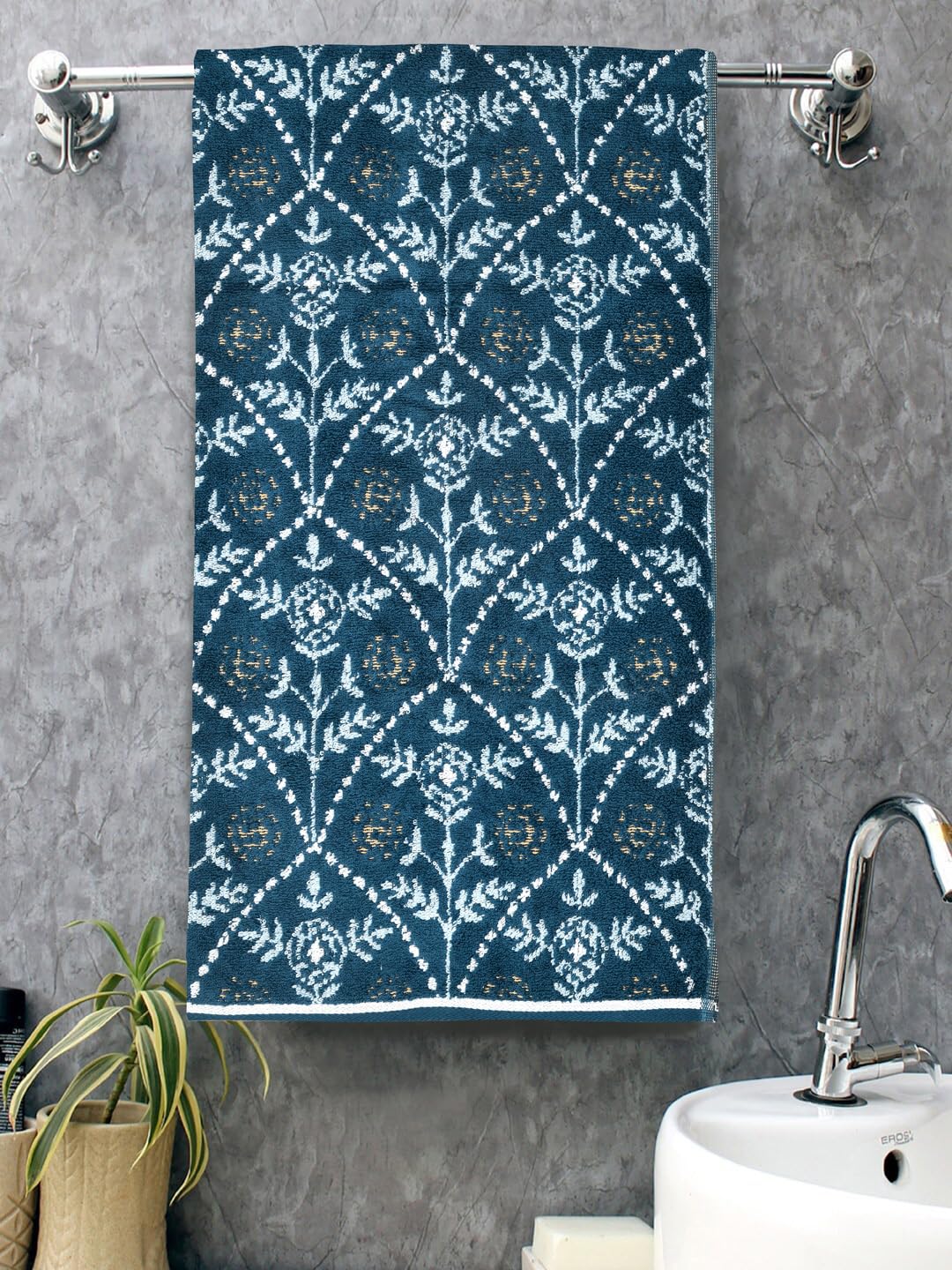 Homefresh Print Cotton Bath Towel 500 Gsm | Geometric Pattern Navy Blue & Grey (Yusuf)