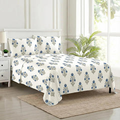 Jaipuri Design Cotton King Size Printed Bedsheet With 2 Pillow Covers - 108 X 108 Inches, White & Blue | Ideal For Home Use & Perfect For Gifting On Weddings, Housewarmings & Festivals