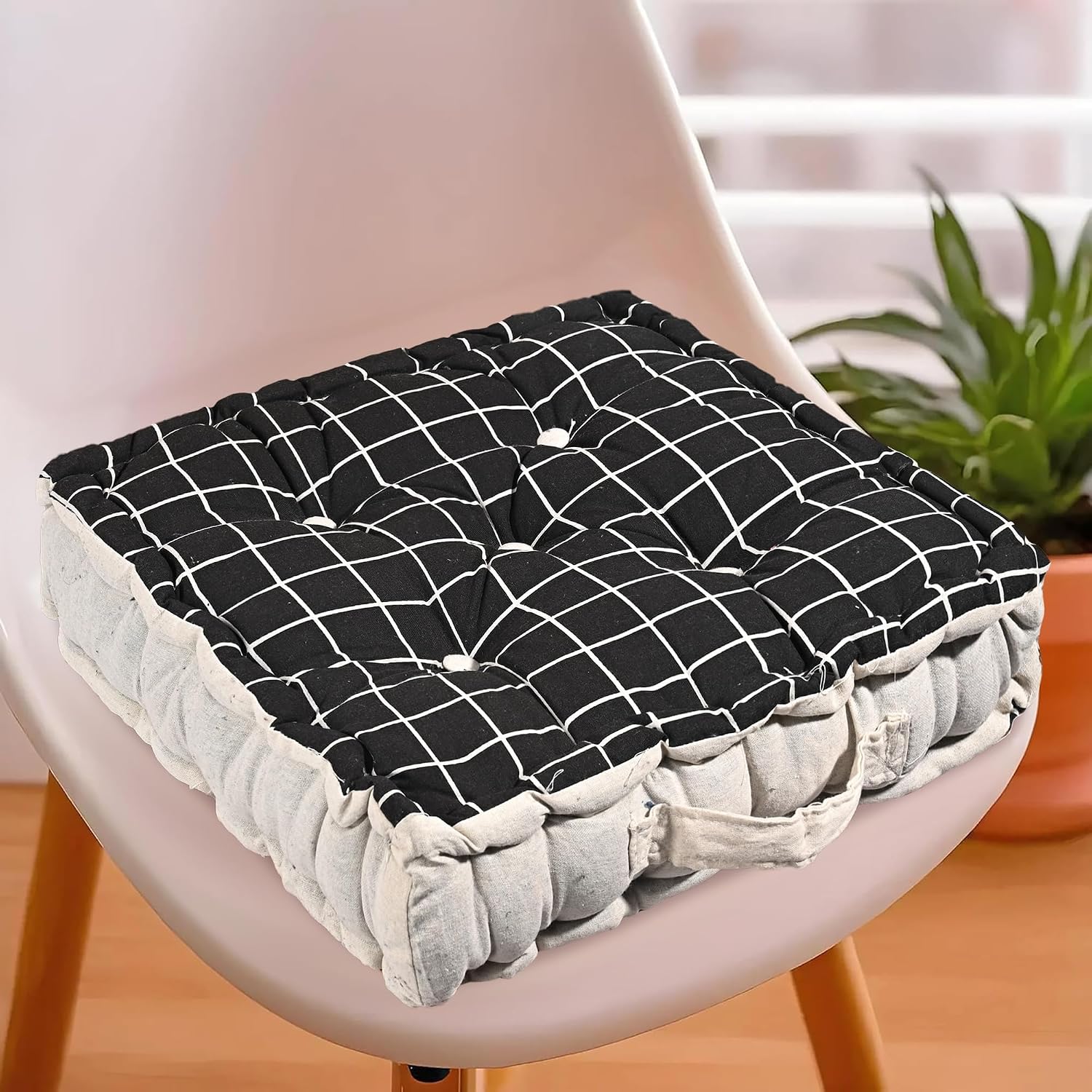 Cotton Chair Cushions Pillow For Sitting, For Back Rest, Check Print - Black | Chair Pad For Office Work & Posture Support | Furniture Cushion, Lightweight & Portable, Long Lasting