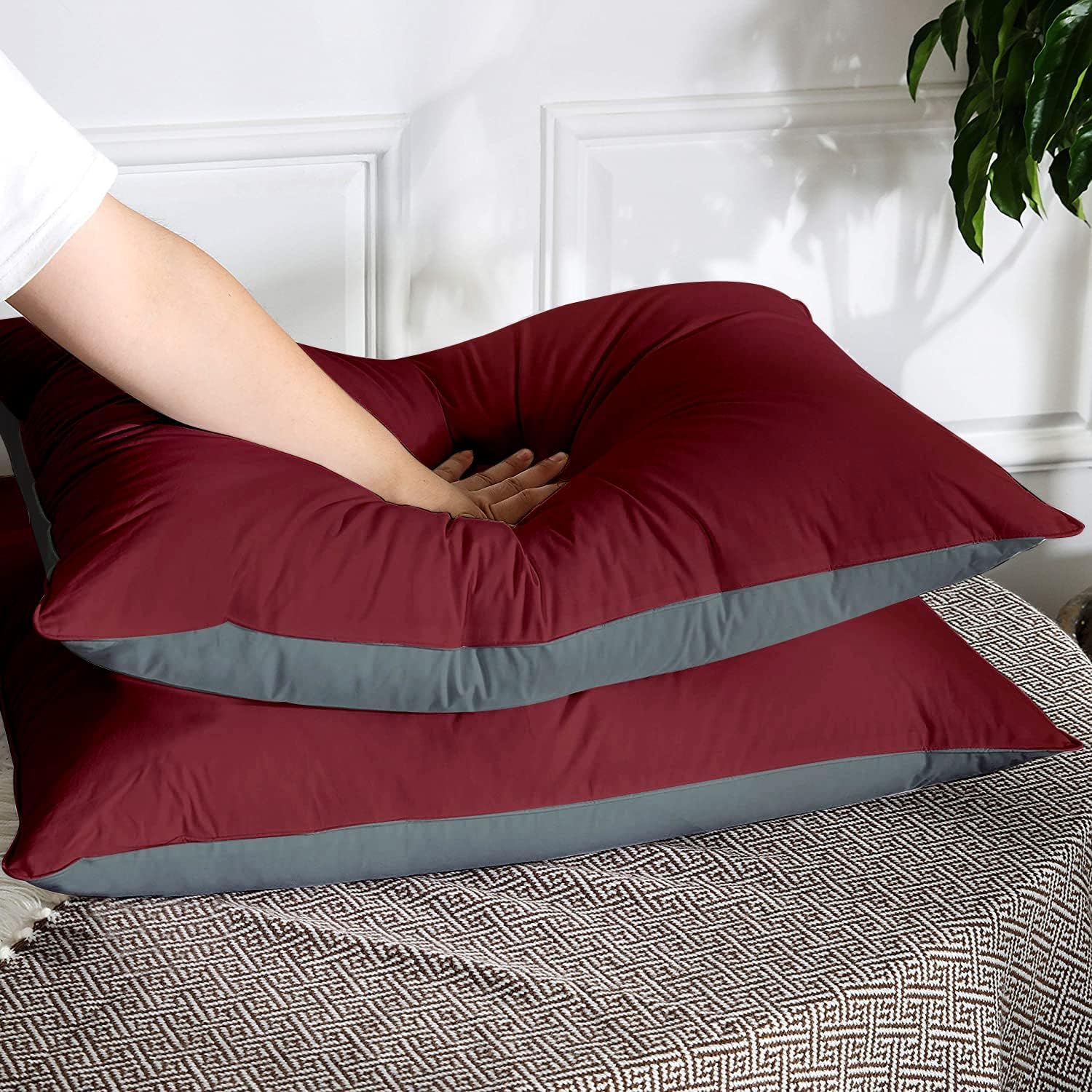 Premium Microfiber Soft Pillow For Sleeping, Maroon & Grey, Standard Size - 16 X 24 Inches | Comfy Hotel Comfort Pillow, Vacuum Packed | Bed Pillow, Hypoallergenic, Lightweight - Set Of 2