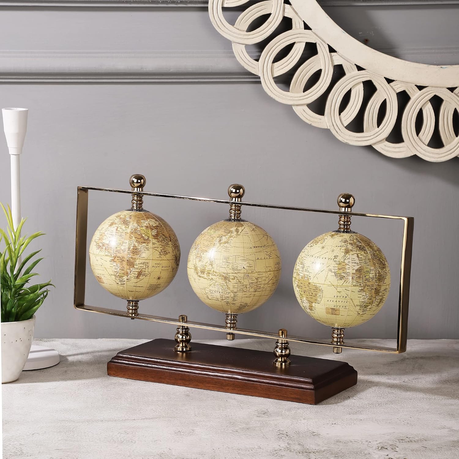 Triple Horizontal Globe, Decorative Globes With Stand, Accessories For Table, Desk Showpiece | Globes For Office, Shelves, Gifting, Home Decor (Gold / Hm Wood) Pack Of 1