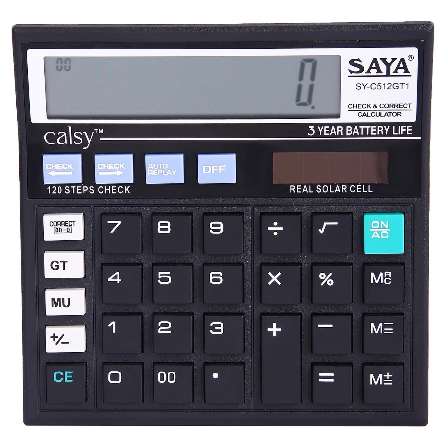 Saya Sy-512GT1 Check And Correct Basic Desktop Calculator With 12-digit Large Display | Dual Power (Solar & Battery) | GT, MU, MRC Functions | Ergonomic Design For Office | 1 Year Warranty